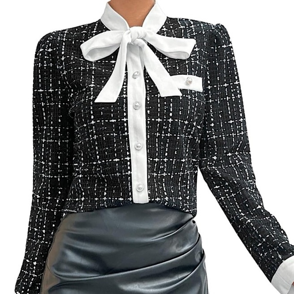 LUXE TWEED Black + White Bow Tie-Neck Pearl Button Down Shirt M